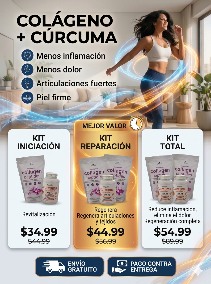 Combo Colageno y Curcuma, en presentaciones: - Combo de inicio (revitaliza), combo de restauración (mejora articulaciones y tejidos) y combo total (reduce inflamación y ayuda a controlar el dolor, regeneración completa). Envío Gratis y pago contra-entrega