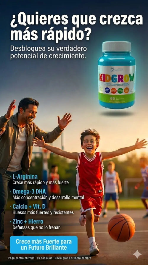 Frasco de Kidgrow: suplemento en cápsulas con L-Arginina, Zinc, Vitaminas  y Omega-3, para el crecimiento físico y desarrollo cognitivo infantil