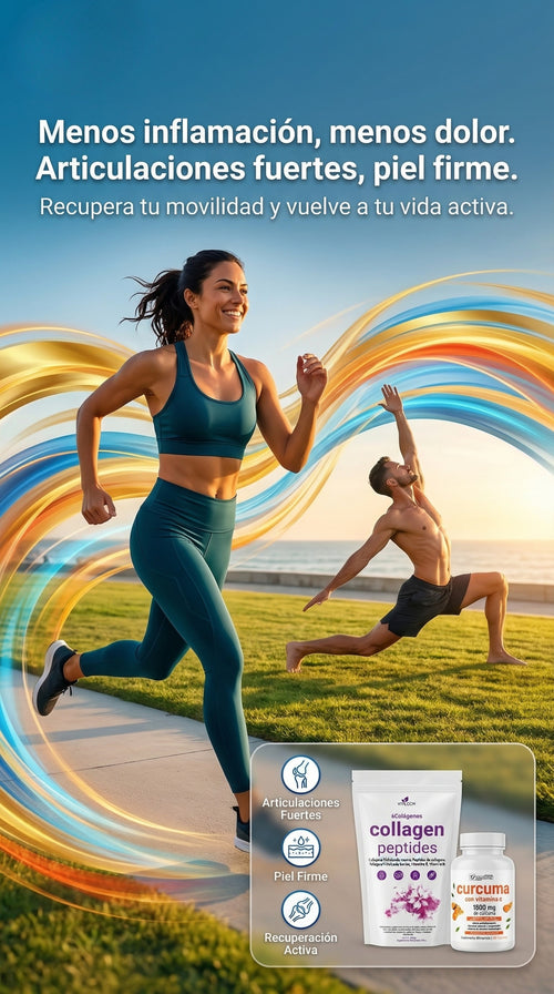 Combo de colágeno hidrolizado marino y Curcuma: suplementos con colageno de tipos I, II, III, V y X con Vitamine E, Vitamina B6 y vitamina C para articulaciones fuertes, piel firme y recuperación activa.