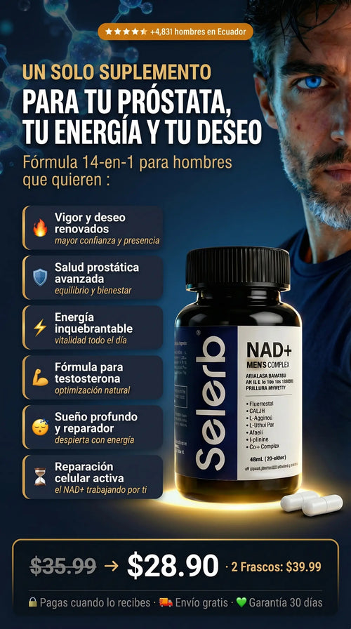 Frasco de Selerb NAD+, este complejo esta diseñado para combatir el declive celular propio de la edad, optimizando los niveles de NAD+ en el cuerpo para mejorar la vitalidad, el rendimiento físico y la protección de óraganos vitales masculinos. Suplemento en cápsulas con Liposomal NAD+, Coenzyme Q10, Trans-Resveratrol, L-Arginine HCL, L-Citruline, Ainc, Ashwagandha KSM-66, Maca root Extract, Turmeric, Saw Palmetto berry extract,  Lycopene.